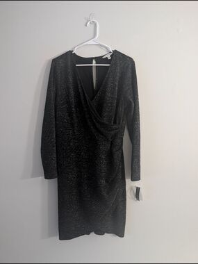Speechless Black Metallic Long-Sleeve Wrap Dress